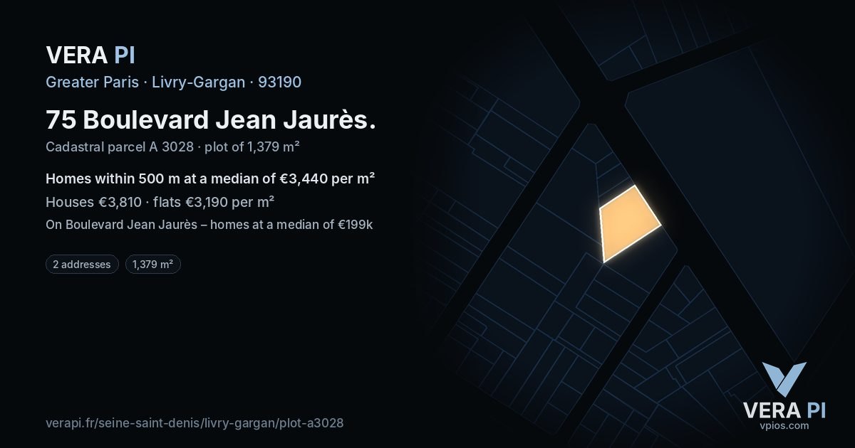 75 Boulevard Jean Jaurès, Livry-Gargan at night – the plot lit, the parcels around coloured by the prices near them