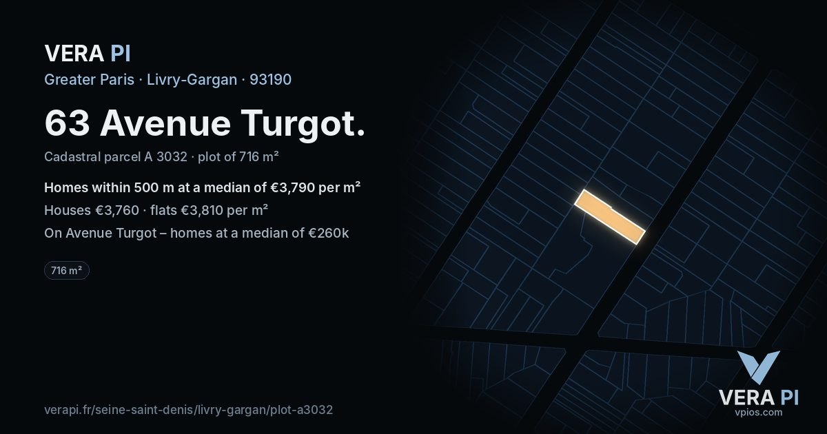 63 Avenue Turgot, Livry-Gargan at night – the plot lit, the parcels around coloured by the prices near them