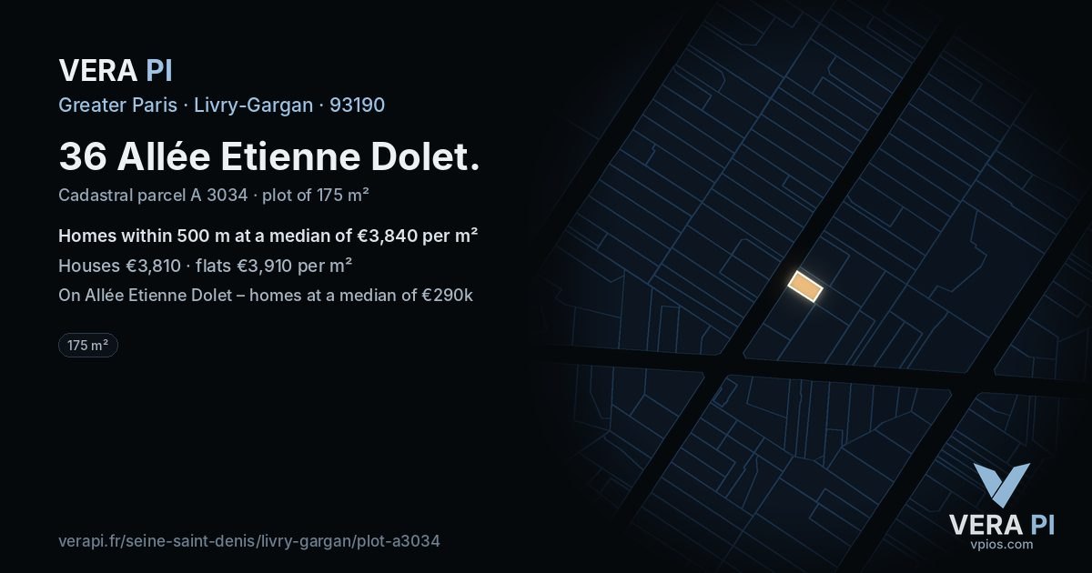 36 Allée Etienne Dolet, Livry-Gargan at night – the plot lit, the parcels around coloured by the prices near them