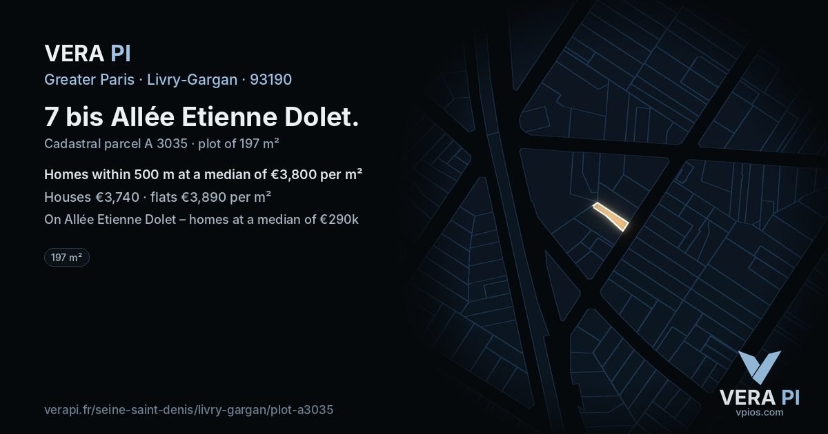 7 bis Allée Etienne Dolet, Livry-Gargan at night – the plot lit, the parcels around coloured by the prices near them