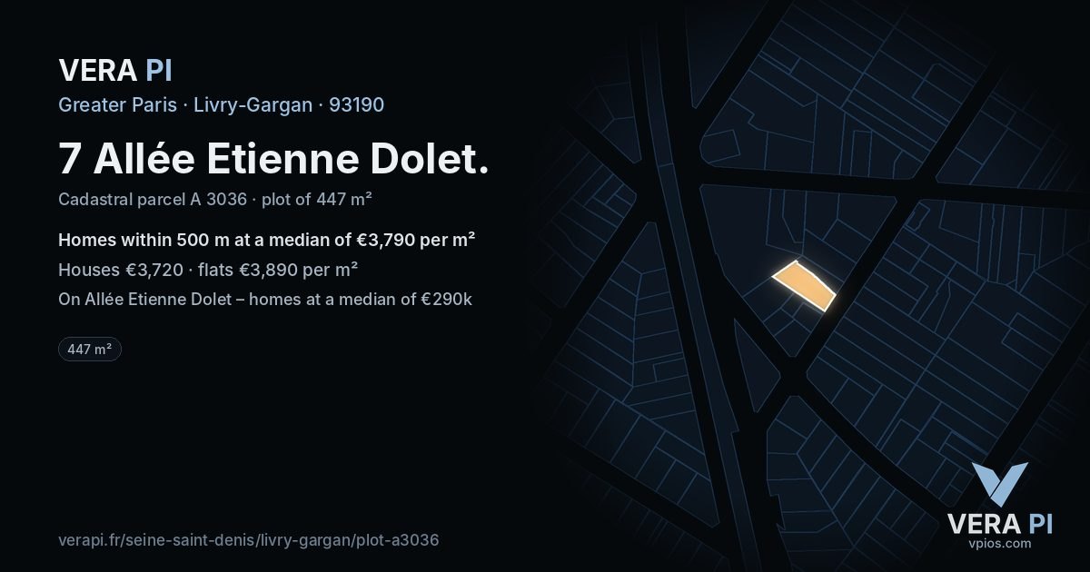 7 Allée Etienne Dolet, Livry-Gargan at night – the plot lit, the parcels around coloured by the prices near them