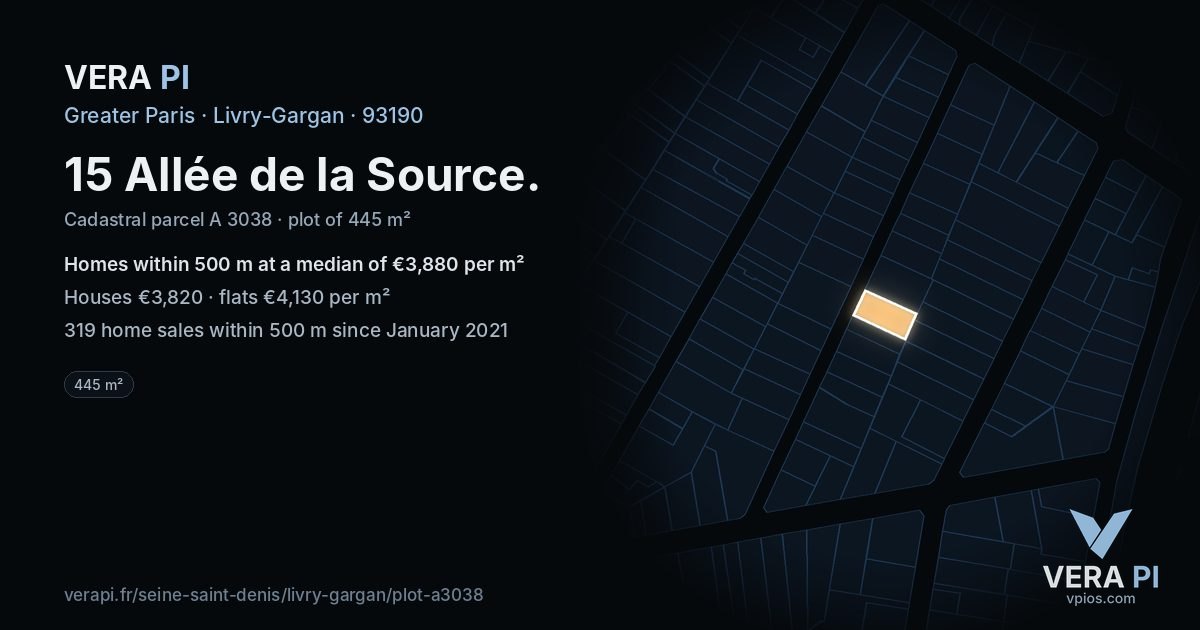 15 Allée de la Source, Livry-Gargan at night – the plot lit, the parcels around coloured by the prices near them