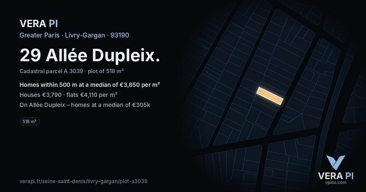 29 Allée Dupleix, Livry-Gargan at night – the plot lit, the parcels around coloured by the prices near them