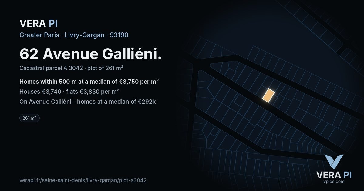 62 Avenue Galliéni, Livry-Gargan at night – the plot lit, the parcels around coloured by the prices near them