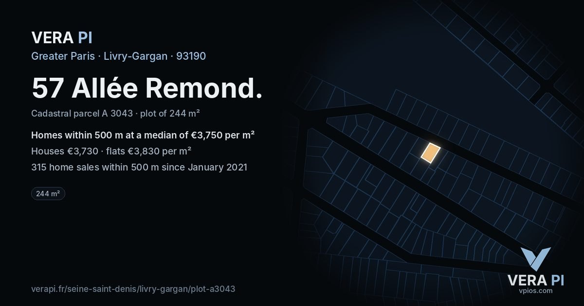57 Allée Remond, Livry-Gargan at night – the plot lit, the parcels around coloured by the prices near them