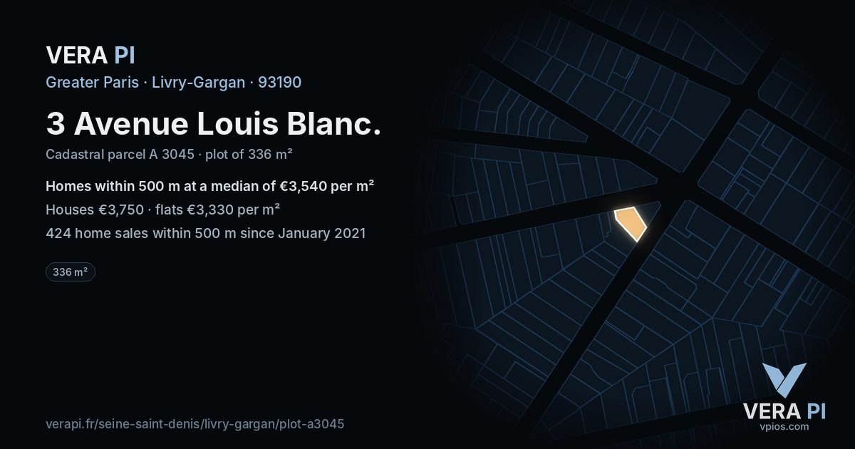 3 Avenue Louis Blanc, Livry-Gargan at night – the plot lit, the parcels around coloured by the prices near them