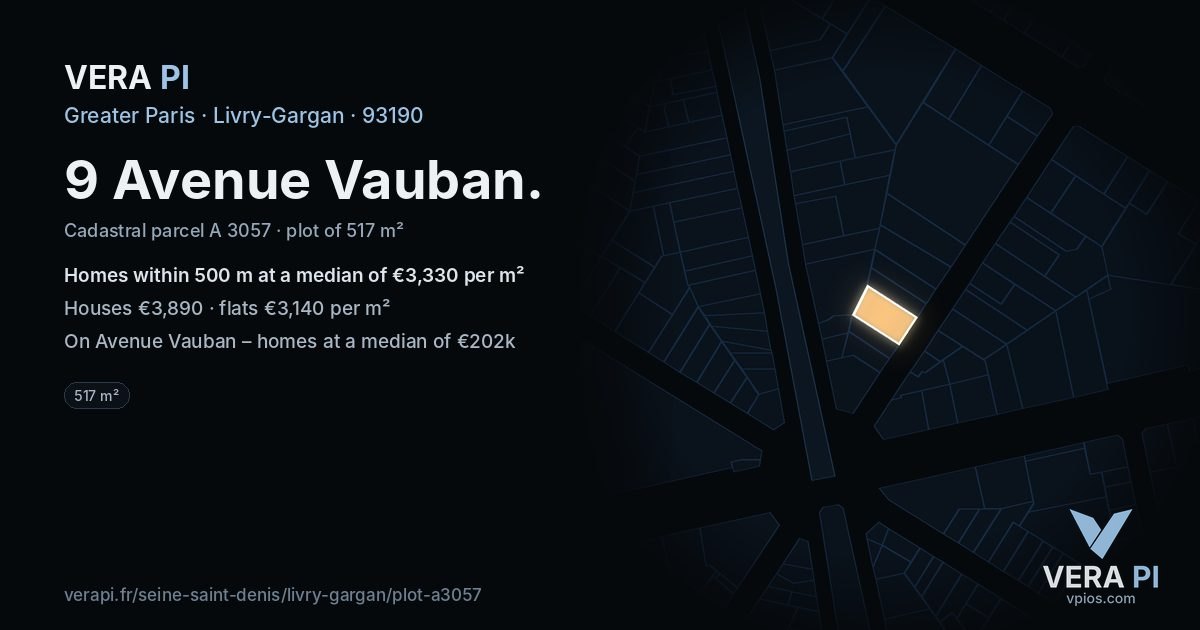 9 Avenue Vauban, Livry-Gargan at night – the plot lit, the parcels around coloured by the prices near them