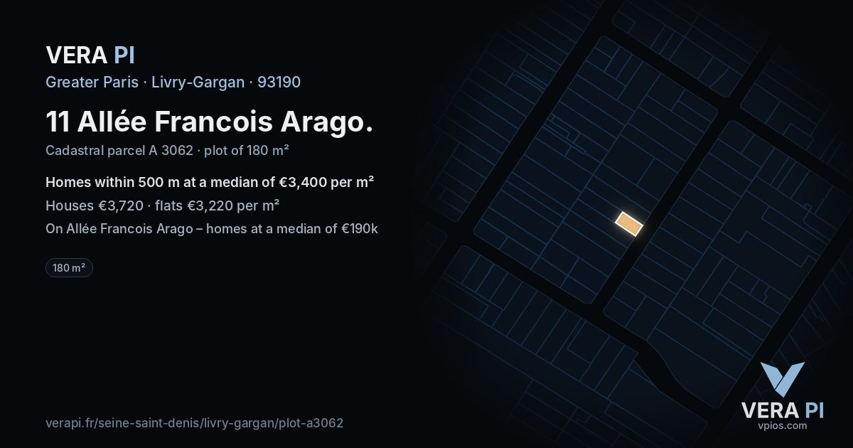 11 Allée Francois Arago, Livry-Gargan at night – the plot lit, the parcels around coloured by the prices near them