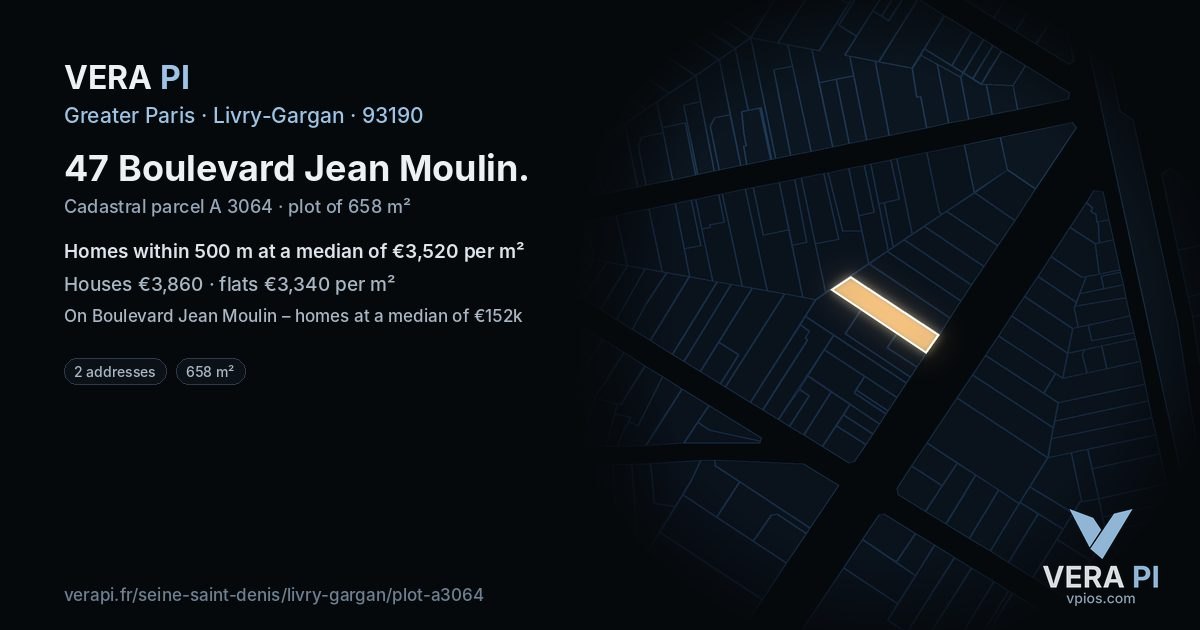 47 Boulevard Jean Moulin, Livry-Gargan at night – the plot lit, the parcels around coloured by the prices near them