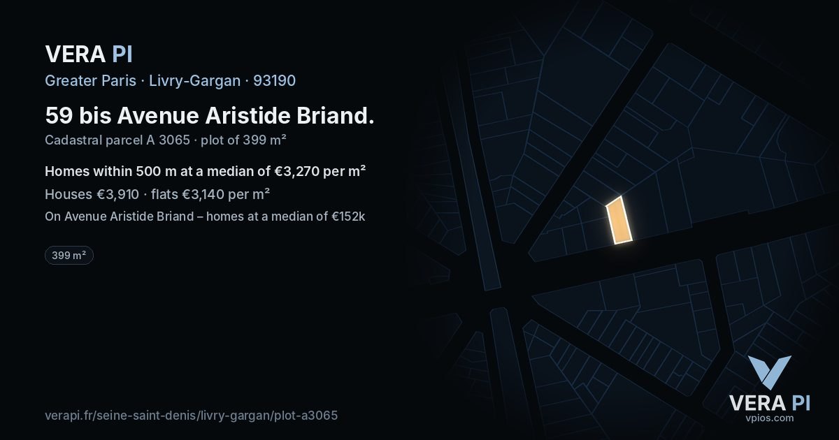59 bis Avenue Aristide Briand, Livry-Gargan at night – the plot lit, the parcels around coloured by the prices near them
