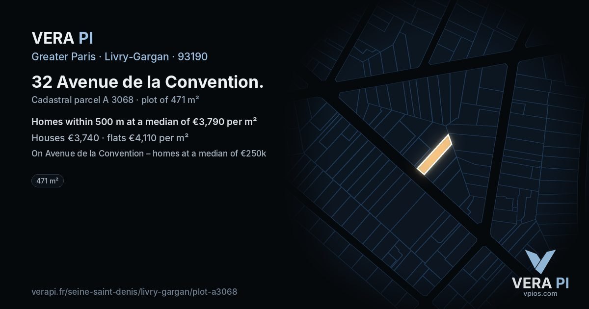 32 Avenue de la Convention, Livry-Gargan at night – the plot lit, the parcels around coloured by the prices near them