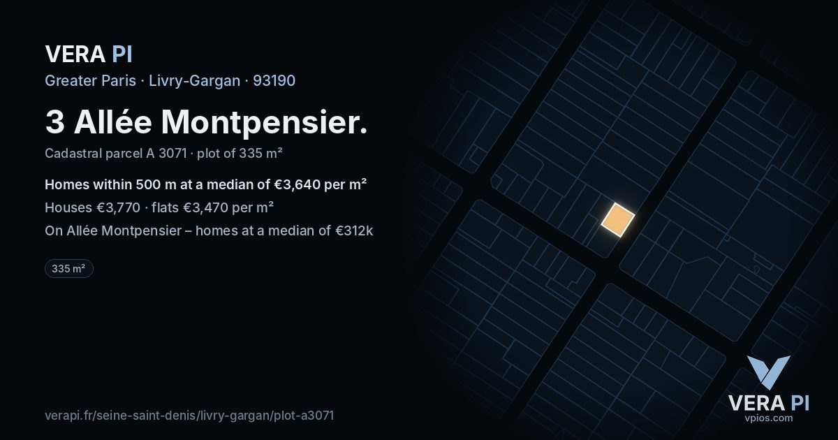 3 Allée Montpensier, Livry-Gargan at night – the plot lit, the parcels around coloured by the prices near them