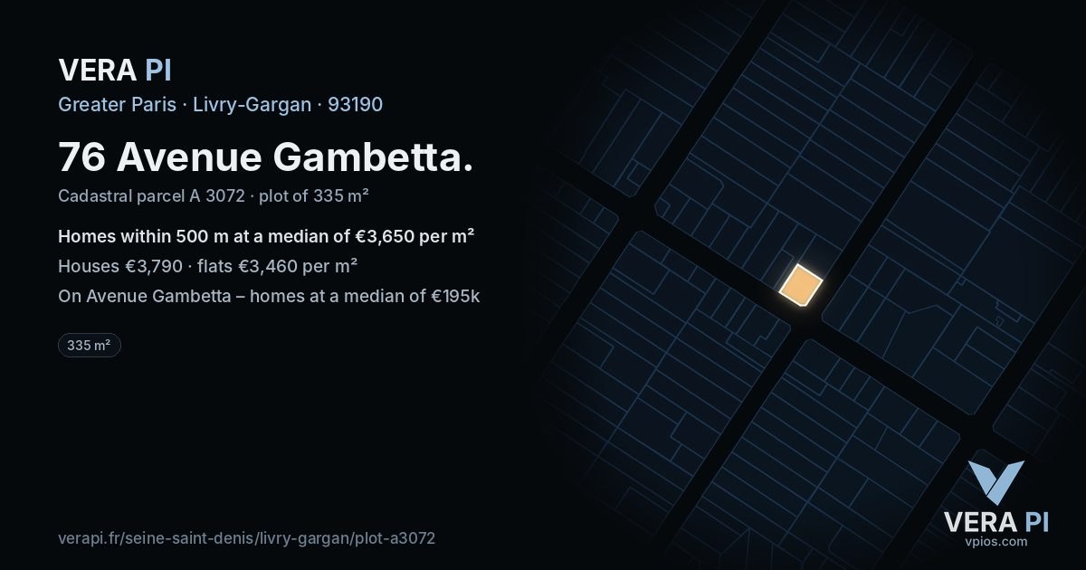 76 Avenue Gambetta, Livry-Gargan at night – the plot lit, the parcels around coloured by the prices near them