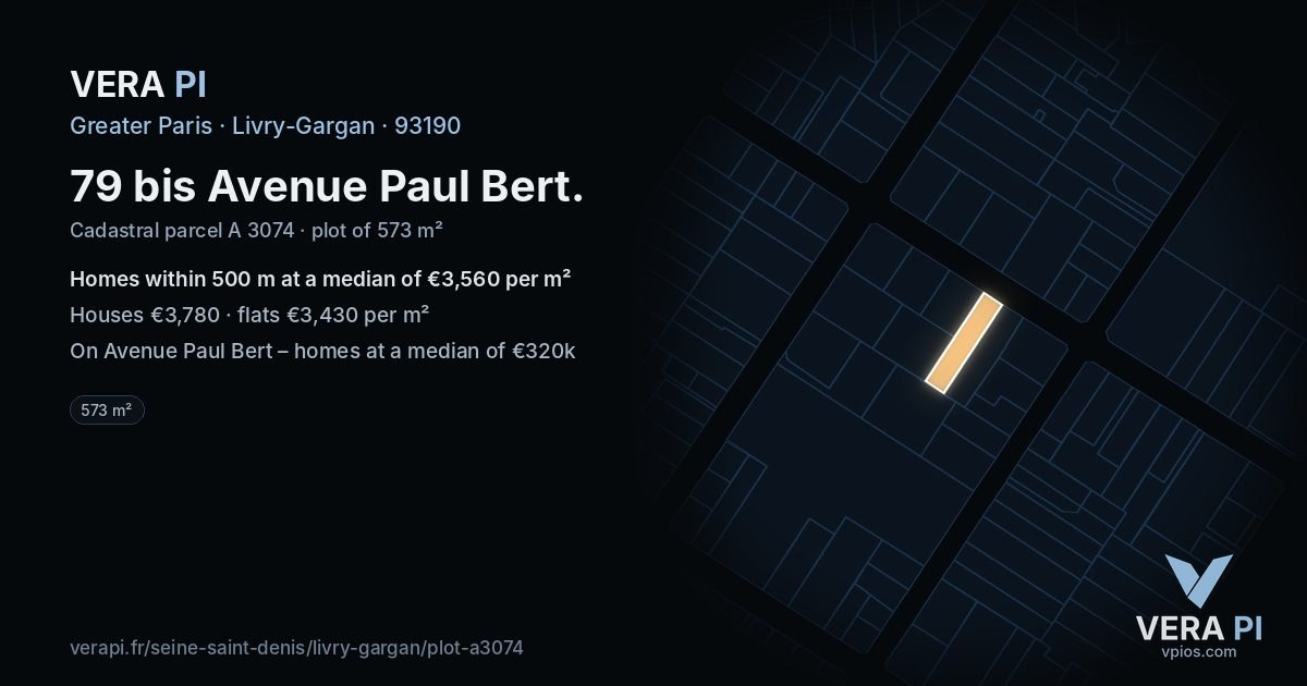 79 bis Avenue Paul Bert, Livry-Gargan at night – the plot lit, the parcels around coloured by the prices near them