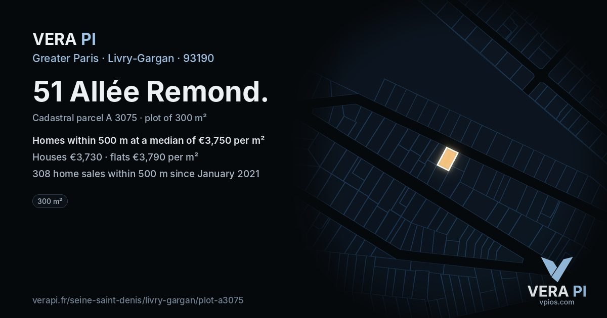 51 Allée Remond, Livry-Gargan at night – the plot lit, the parcels around coloured by the prices near them