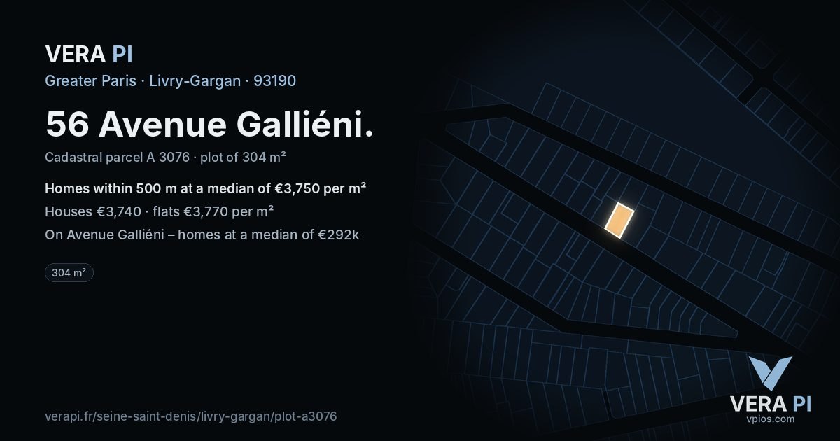 56 Avenue Galliéni, Livry-Gargan at night – the plot lit, the parcels around coloured by the prices near them