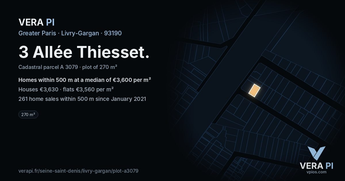 3 Allée Thiesset, Livry-Gargan at night – the plot lit, the parcels around coloured by the prices near them