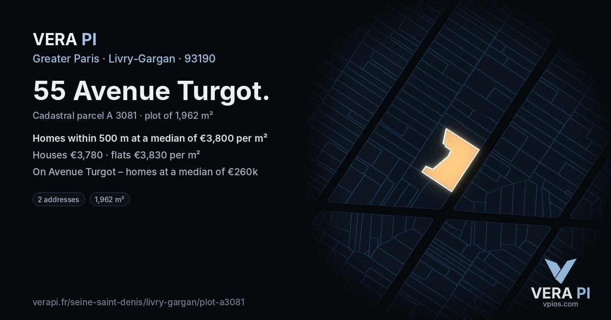 55 Avenue Turgot, Livry-Gargan at night – the plot lit, the parcels around coloured by the prices near them