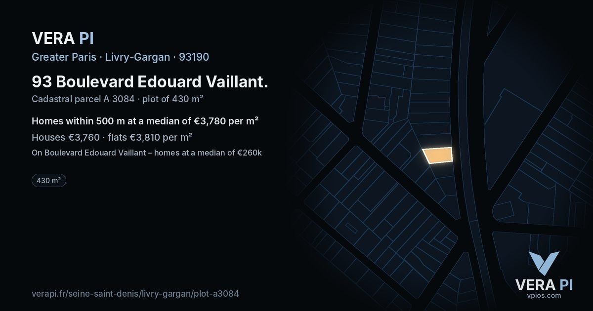 93 Boulevard Edouard Vaillant, Livry-Gargan at night – the plot lit, the parcels around coloured by the prices near them