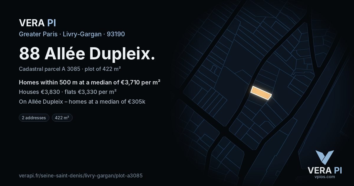 88 Allée Dupleix, Livry-Gargan at night – the plot lit, the parcels around coloured by the prices near them