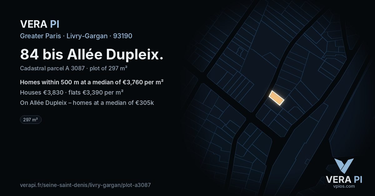84 bis Allée Dupleix, Livry-Gargan at night – the plot lit, the parcels around coloured by the prices near them