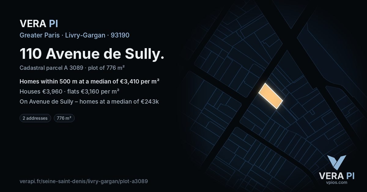110 Avenue de Sully, Livry-Gargan at night – the plot lit, the parcels around coloured by the prices near them