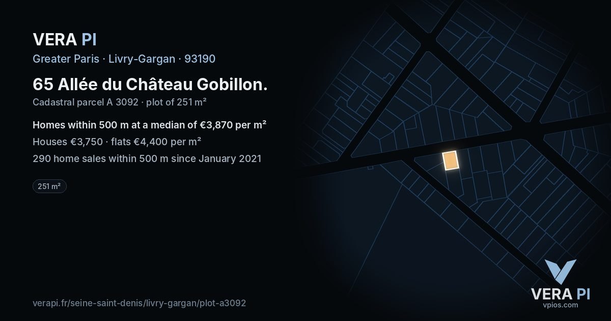 65 Allée du Château Gobillon, Livry-Gargan at night – the plot lit, the parcels around coloured by the prices near them