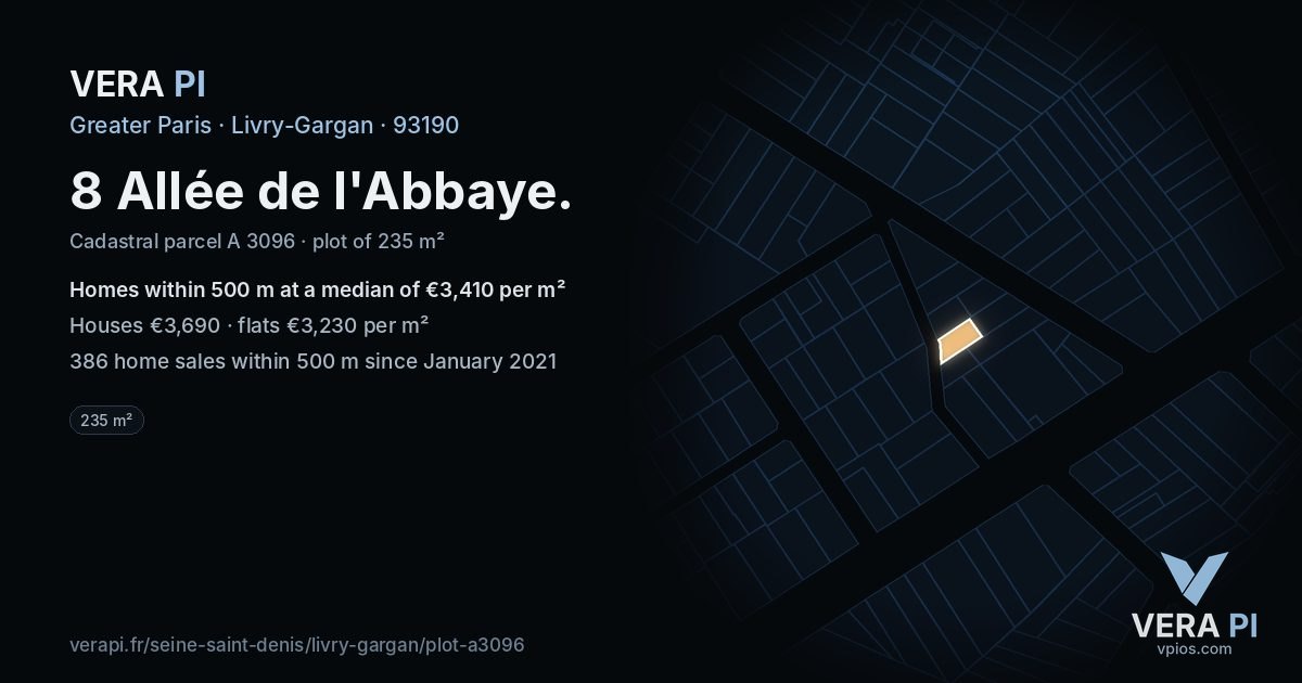 8 Allée de l'Abbaye, Livry-Gargan at night – the plot lit, the parcels around coloured by the prices near them
