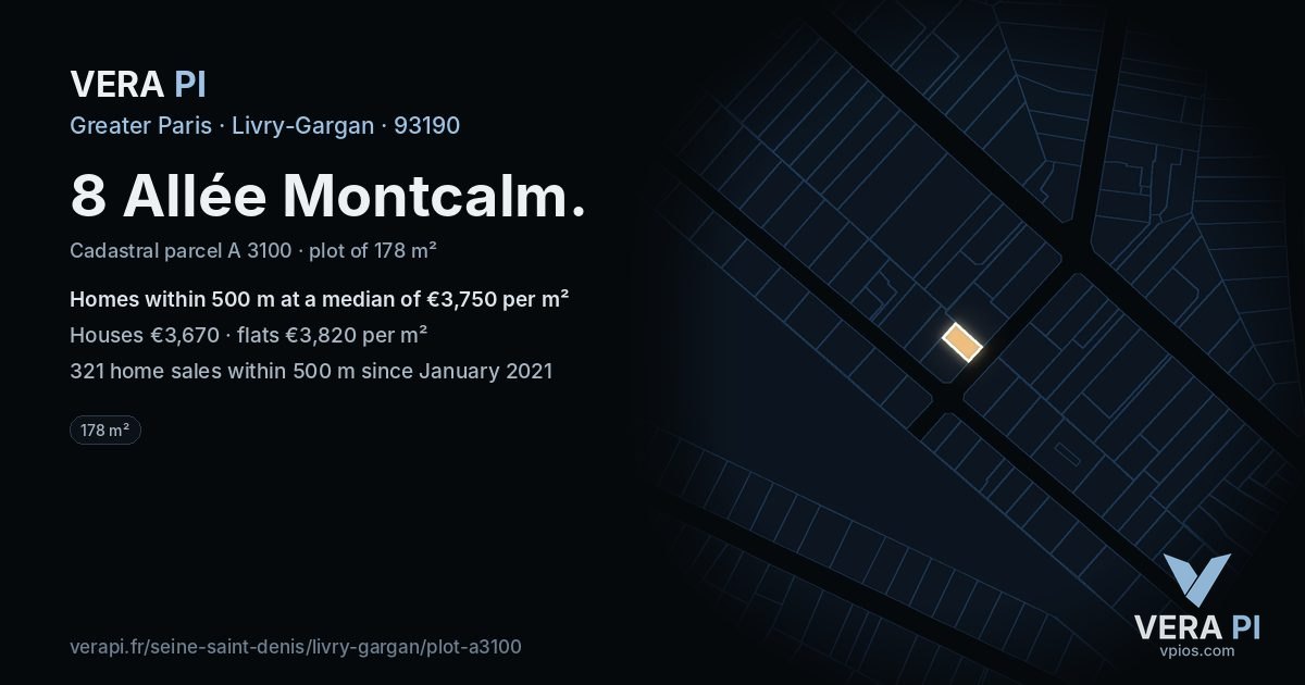8 Allée Montcalm, Livry-Gargan at night – the plot lit, the parcels around coloured by the prices near them