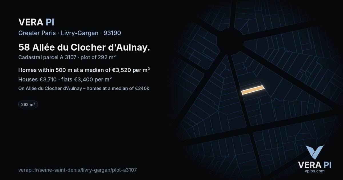 58 Allée du Clocher d'Aulnay, Livry-Gargan at night – the plot lit, the parcels around coloured by the prices near them