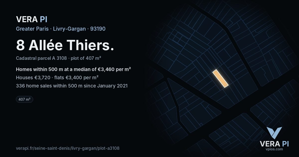 8 Allée Thiers, Livry-Gargan at night – the plot lit, the parcels around coloured by the prices near them