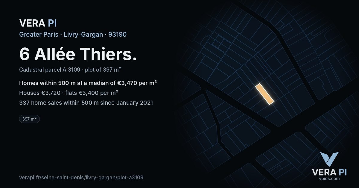6 Allée Thiers, Livry-Gargan at night – the plot lit, the parcels around coloured by the prices near them