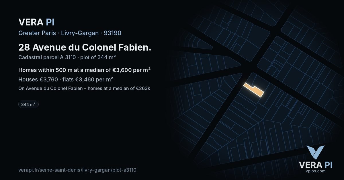 28 Avenue du Colonel Fabien, Livry-Gargan at night – the plot lit, the parcels around coloured by the prices near them