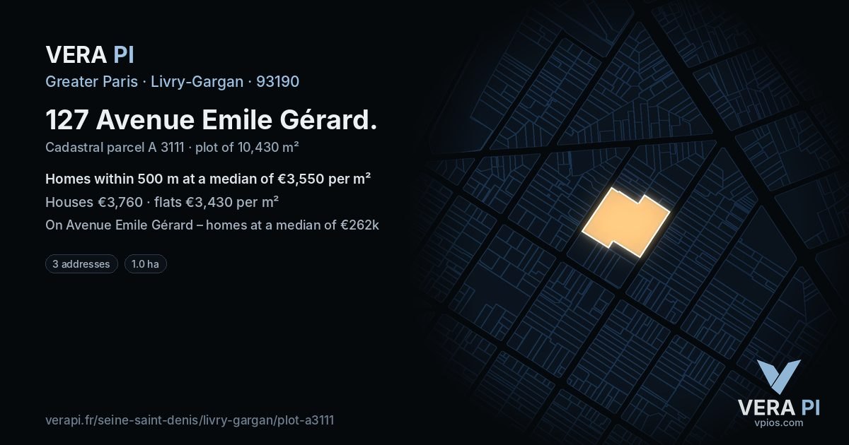 127 Avenue Emile Gérard, Livry-Gargan at night – the plot lit, the parcels around coloured by the prices near them