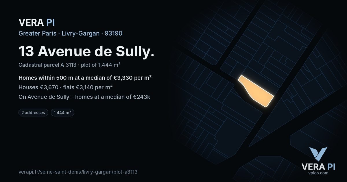 13 Avenue de Sully, Livry-Gargan at night – the plot lit, the parcels around coloured by the prices near them
