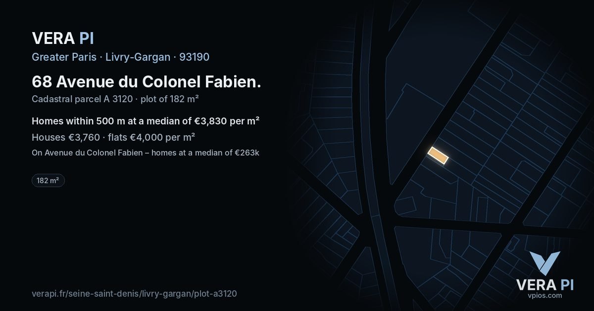 68 Avenue du Colonel Fabien, Livry-Gargan at night – the plot lit, the parcels around coloured by the prices near them