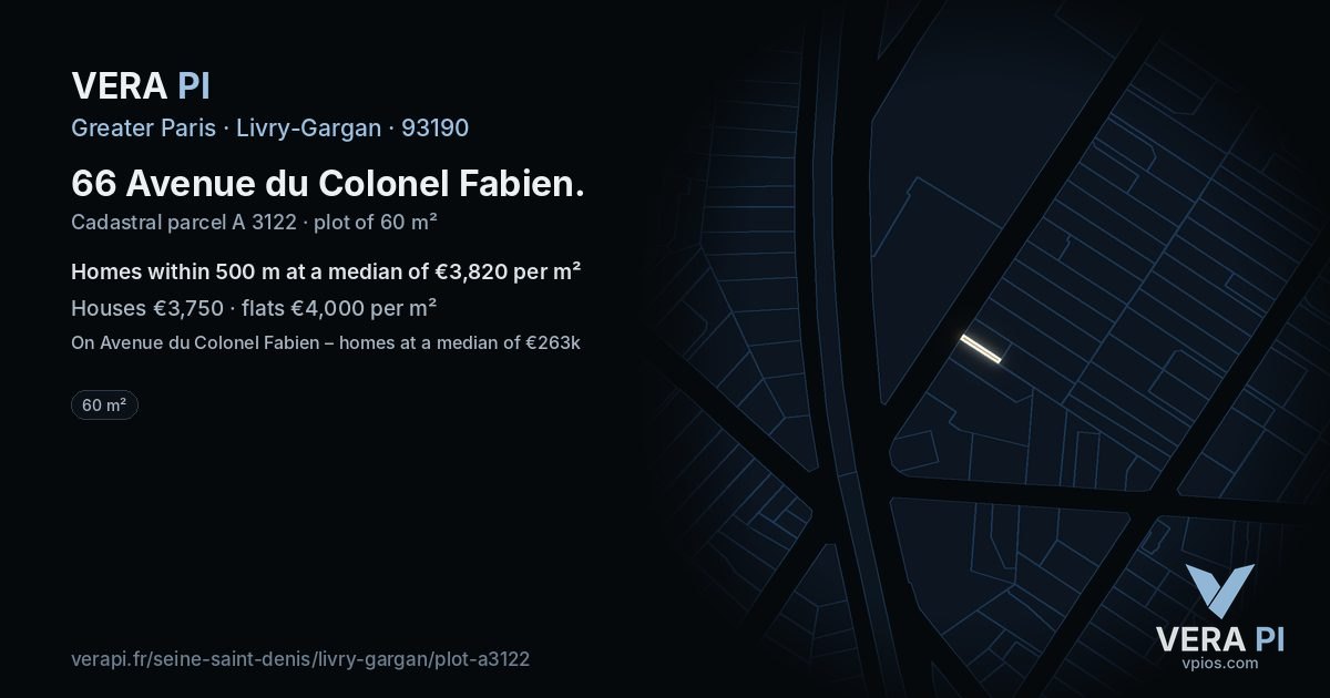 66 Avenue du Colonel Fabien, Livry-Gargan at night – the plot lit, the parcels around coloured by the prices near them