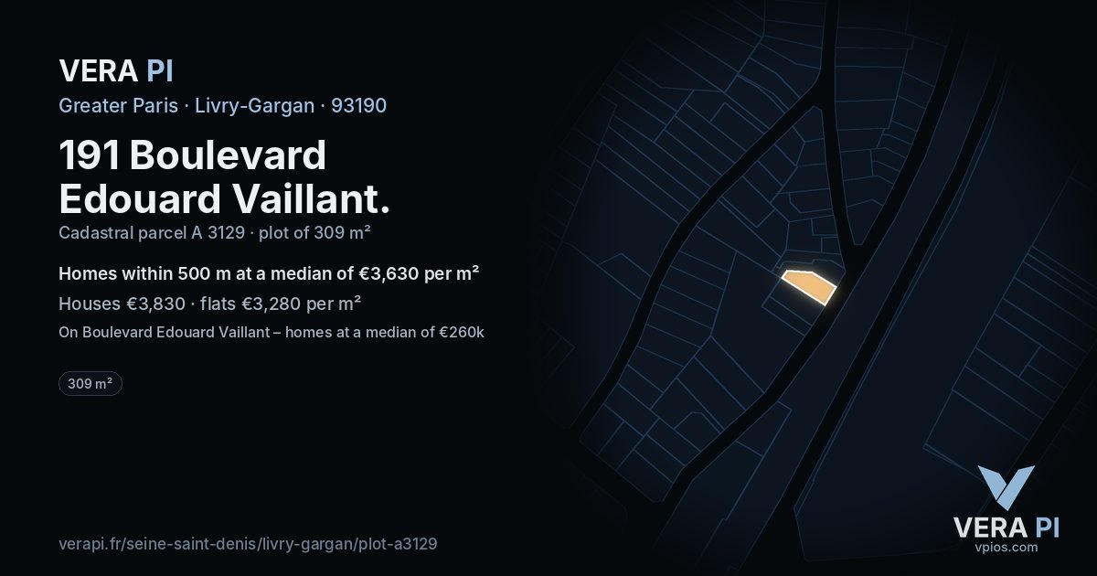 191 Boulevard Edouard Vaillant, Livry-Gargan at night – the plot lit, the parcels around coloured by the prices near them