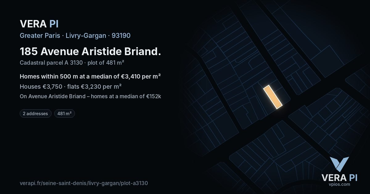 185 Avenue Aristide Briand, Livry-Gargan at night – the plot lit, the parcels around coloured by the prices near them