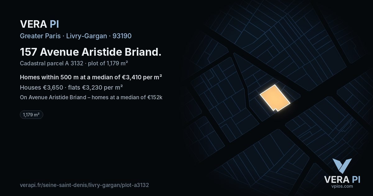 157 Avenue Aristide Briand, Livry-Gargan at night – the plot lit, the parcels around coloured by the prices near them