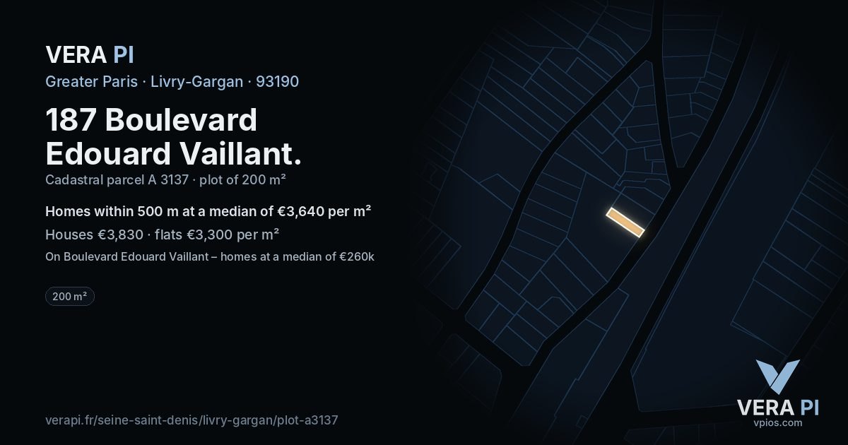 187 Boulevard Edouard Vaillant, Livry-Gargan at night – the plot lit, the parcels around coloured by the prices near them