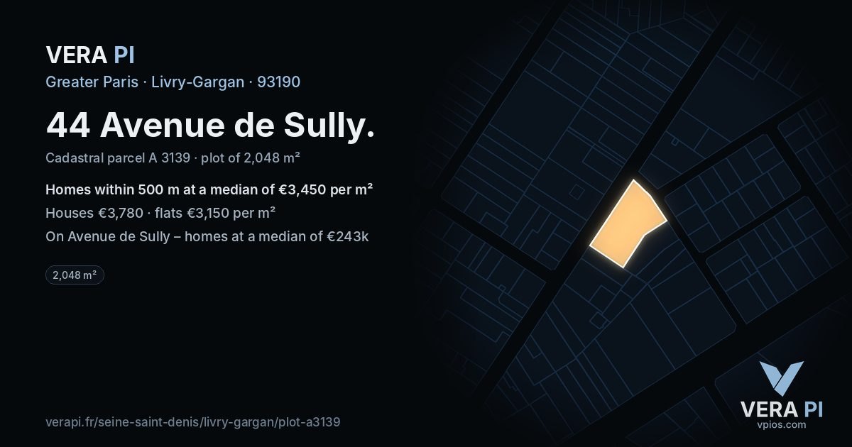 44 Avenue de Sully, Livry-Gargan at night – the plot lit, the parcels around coloured by the prices near them