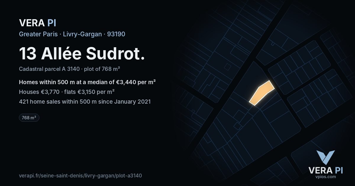 13 Allée Sudrot, Livry-Gargan at night – the plot lit, the parcels around coloured by the prices near them