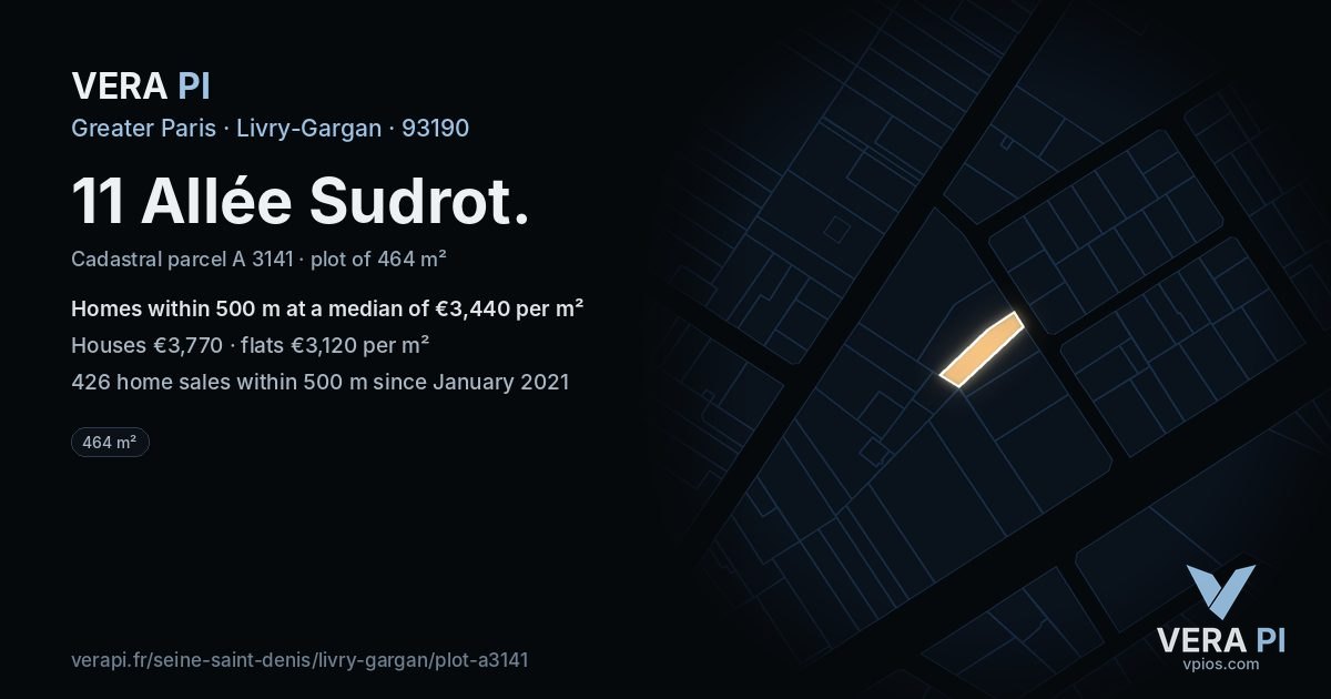 11 Allée Sudrot, Livry-Gargan at night – the plot lit, the parcels around coloured by the prices near them