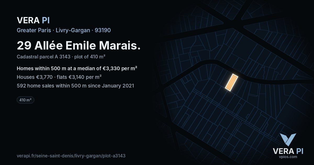 29 Allée Emile Marais, Livry-Gargan at night – the plot lit, the parcels around coloured by the prices near them