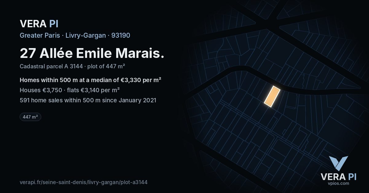 27 Allée Emile Marais, Livry-Gargan at night – the plot lit, the parcels around coloured by the prices near them