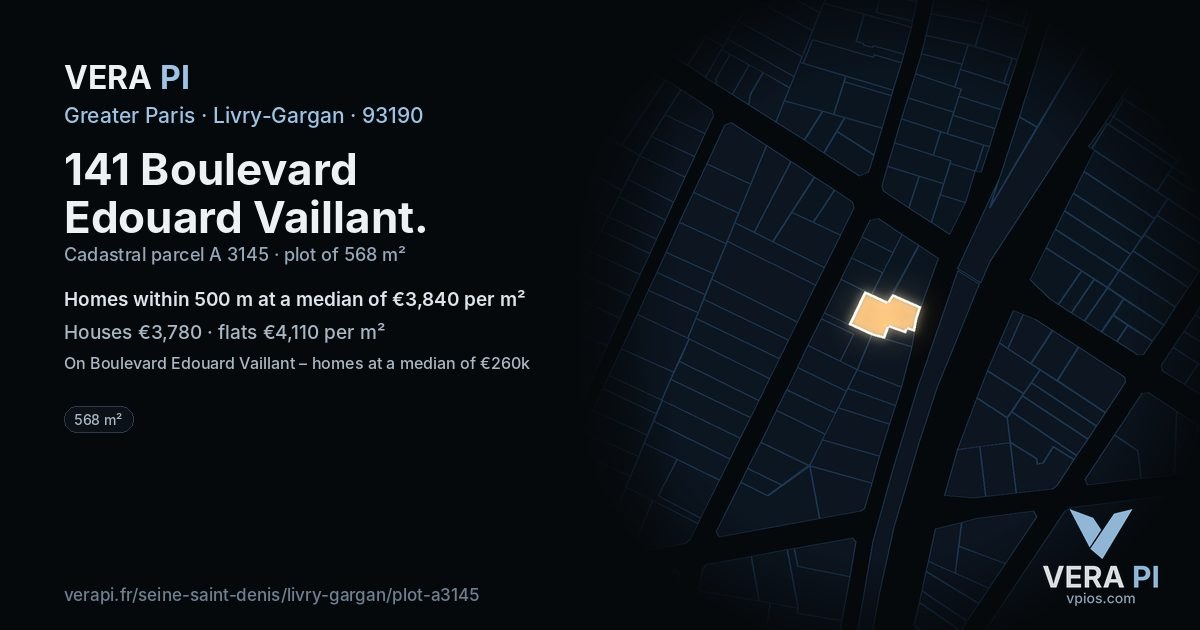141 Boulevard Edouard Vaillant, Livry-Gargan at night – the plot lit, the parcels around coloured by the prices near them