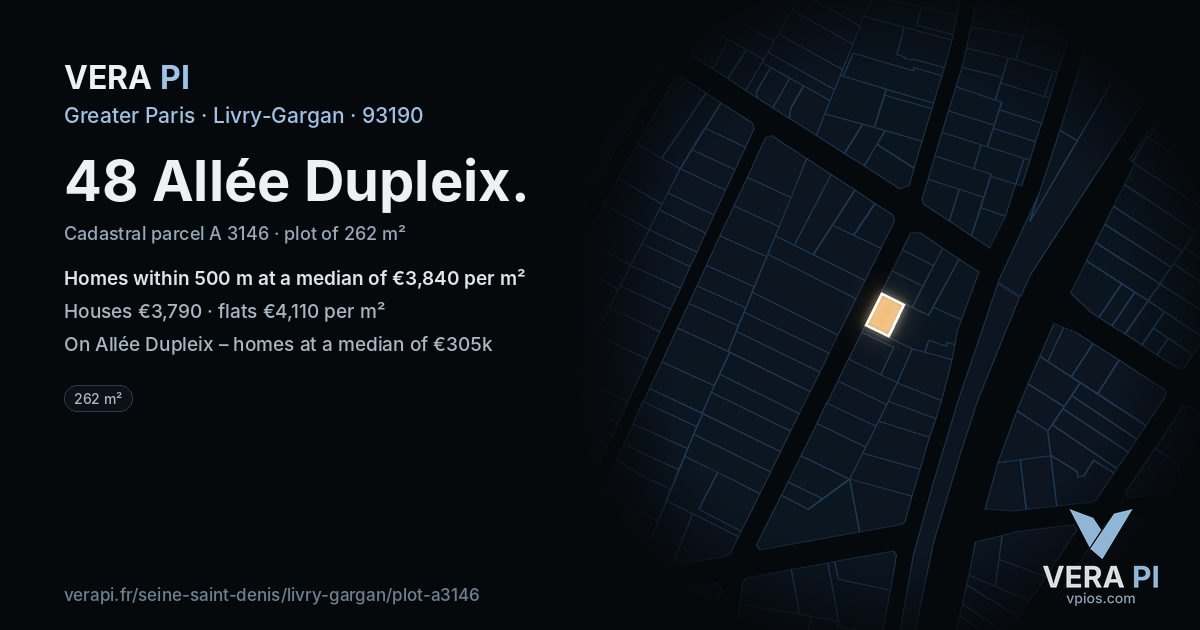 48 Allée Dupleix, Livry-Gargan at night – the plot lit, the parcels around coloured by the prices near them