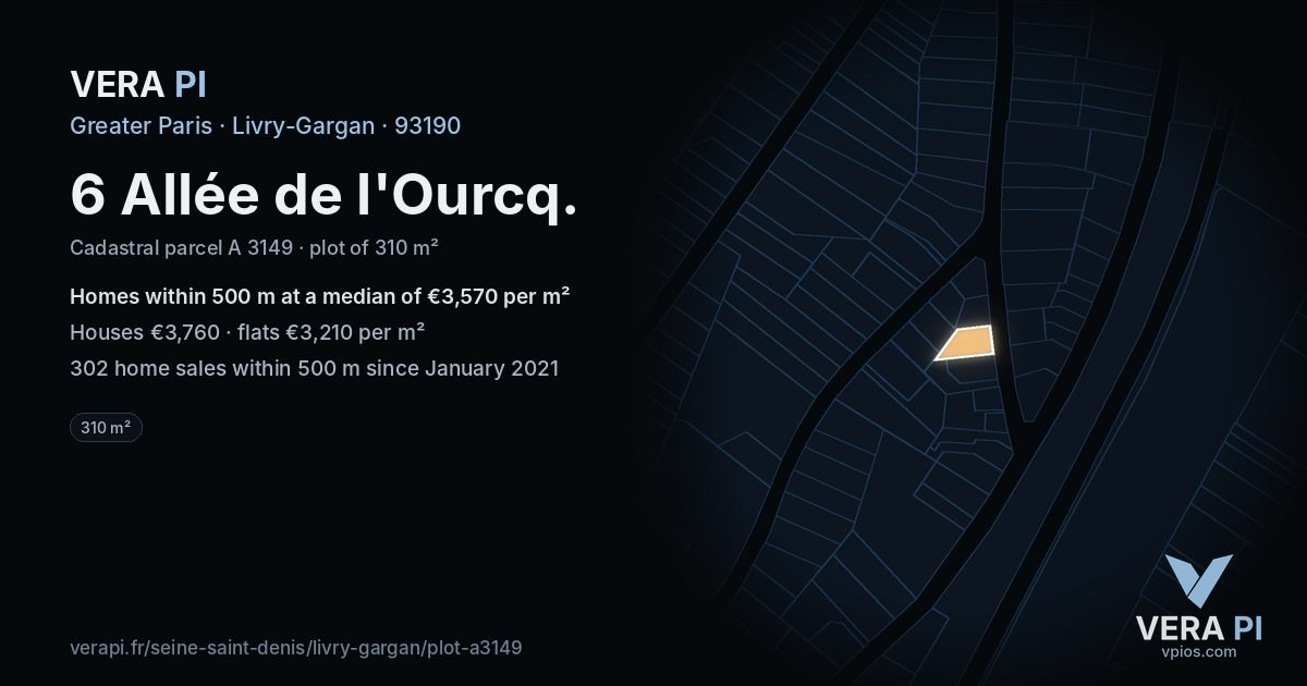 6 Allée de l'Ourcq, Livry-Gargan at night – the plot lit, the parcels around coloured by the prices near them