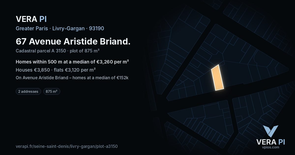 67 Avenue Aristide Briand, Livry-Gargan at night – the plot lit, the parcels around coloured by the prices near them